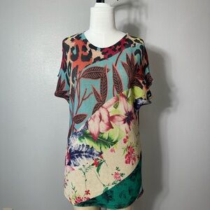 Madeleine Womens Tunic Size 10/L Knitwear Tropical Floral Sweater Linen Cotton